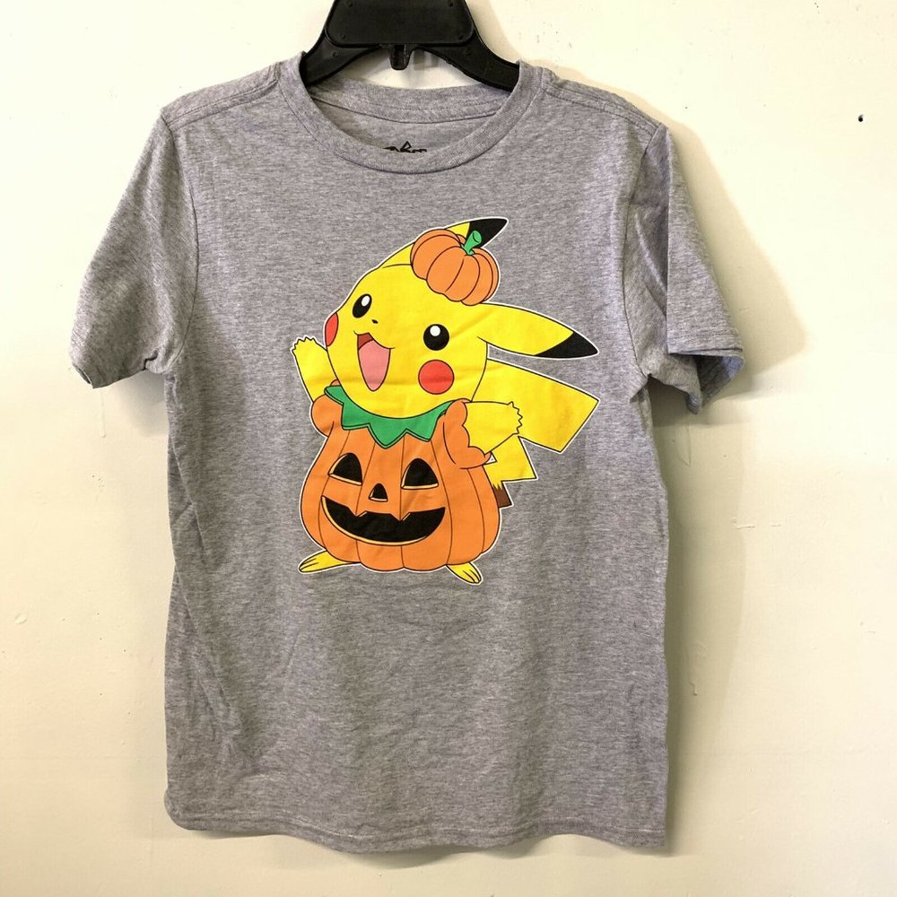 Nintendo Pokemon Kids Gray Pikachu Pumpkin Graphic T-Shirt Tee - Picture 1 of 3